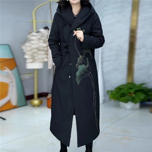 印花羽绒棉服女中长款修身刺绣盘扣高端气质棉衣棉袄外套冬图片