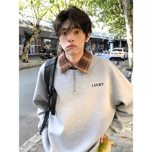网图现货足半拉链衬衫领假两件polo衫卫衣男长袖T恤W19特P42