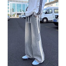 A308高街复古三条杠牛仔裤男装直筒宽松阔腿微喇长裤，男装休闲裤，星座308A-1（原309B-1）