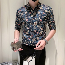 店主风社会小伙男士修身印花中袖衬衫男休闲衬衣301A-1/CS386/P55，男装衬衫，星座301A-1