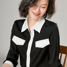 时尚都市女性必备优雅真丝衬衫简约黑白拼接设计显瘦百搭长袖上衣，女装衬衫，宋氏羊绒