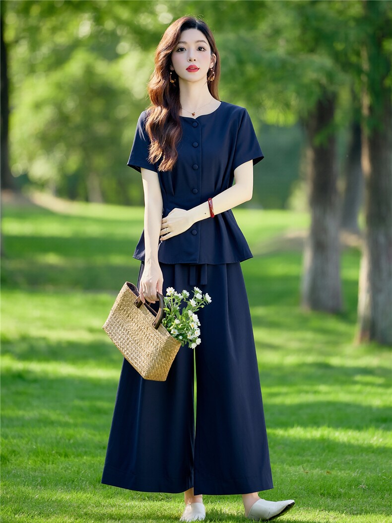 棉麻休闲套装女2026夏装新款时尚洋气收腰显瘦阔腿裙裤两件套,女装套装/套裙,水衣源