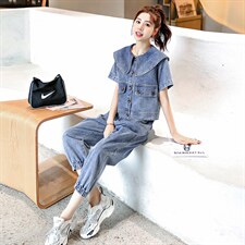 2021夏季新款时尚休闲气质修身显瘦牛仔两件套套装，女装套装/套裙，秋水欣儿