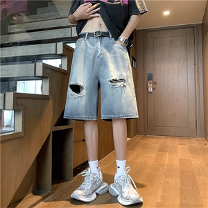 夏季新款男士美式高街牛仔裤宽松直筒牛仔中裤五分裤DK0710-P38图片