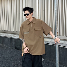 夏季半拉链翻领短袖男士青年潮牌日系口袋工装POLO衫港风宽松上衣，男装Polo衫，星座813-2