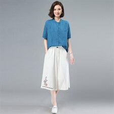 2021夏季新款时尚气质减龄宽松休闲舒适绣花七分阔腿裤棉麻两件套，女装套装/套裙，奕阳依阁
