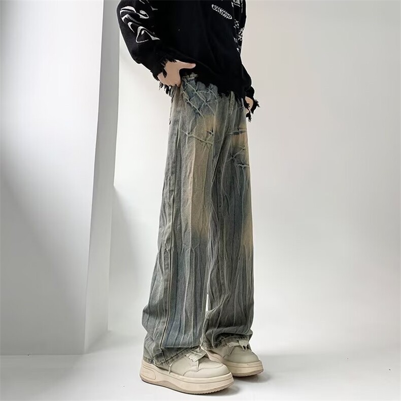 复古闪电裂纹vibe风牛仔裤男潮牌痞帅直筒微喇牛仔裤子BN33-P50,男装牛仔裤,星座1001-1