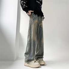 复古闪电裂纹vibe风牛仔裤男潮牌痞帅直筒微喇牛仔裤子BN33-P50，男装牛仔裤，星座1001-1