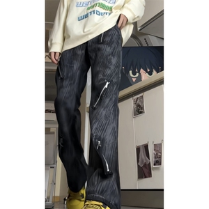 原创多拉链牛仔裤个性泼墨百搭油漆涂层做旧微喇叭裤子GJ384 P55图片