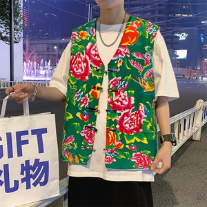 夏新东北大花布马甲修身背心马甲坎肩盘扣演出服男女大码外衣MJ02图片