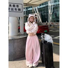 W11053-P58网图现货新款芭比粉高腰垂感宽松加绒拖地直筒裤，男装卫衣，星座1608
