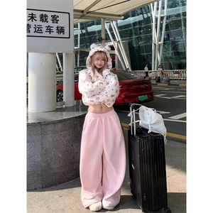 W11053-P58 网图现货 新款芭比粉高腰垂感宽松加绒拖地直筒裤图片