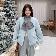 浅蓝色针织围巾菱格丝绒羽绒服女冬季2025新款甜美保暖白鸭绒外套，女装羽绒服，慧尚2-185