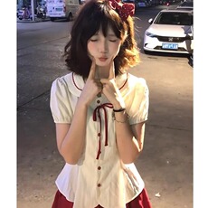学院风显瘦套装裙女夏季2025新款娃娃领短袖衬衫+百褶短裙两件套，男装T恤，星座506A