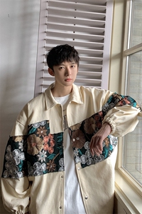 港风休闲宽松刺绣潮拼接翻领工装大码M-5XL夹克男7568P85控118图片