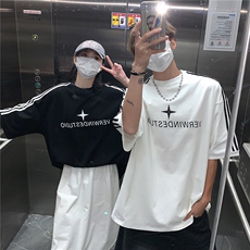美式短袖三条杠织带情侣短袖T恤男女宽松重磅体恤上衣G1080P35，男装T恤，电商A339