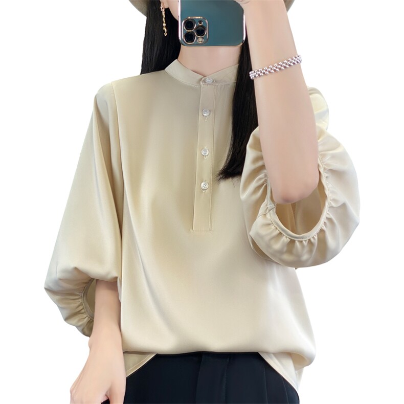 夏季新款重磅醋酸真丝七分袖衬衫女士立领纯色泡泡袖宽松休闲显瘦,女装衬衫,朝贺羊绒