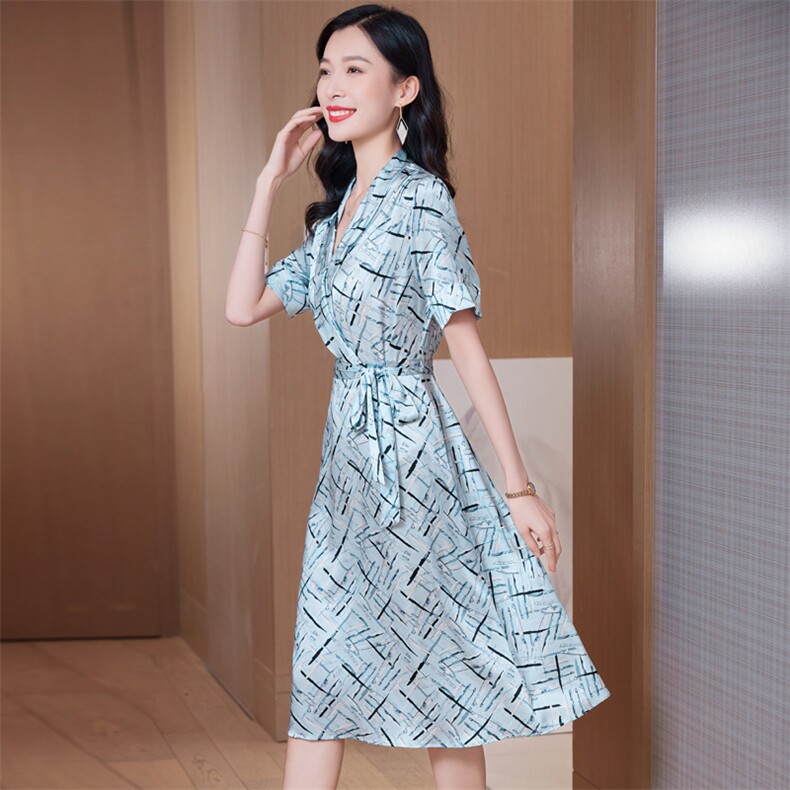 印花重磅真丝连衣裙女中长款2025新款年轻妈妈装系带桑蚕丝A字裙,女装连衣裙,阿舍尔精品