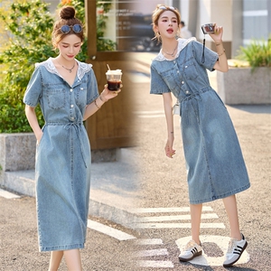 法式复古蕾丝牛仔连衣裙女夏季2025新款宽松收腰显瘦减龄中长裙子