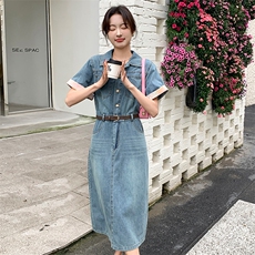 法式牛仔连衣裙女2024新款夏季长款小个子收腰女装a字裙子，女装连衣裙，纯色衣恋