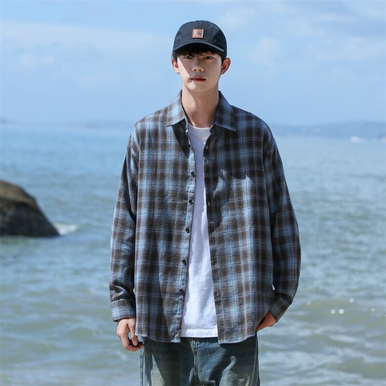 潮流格子衬衫男港风休闲长袖外套青少年男装2382P35图片