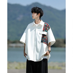 8XL-M民族风拼接短袖衬衫男夏季痞帅半袖衬衣薄款外套DC28009P45图片