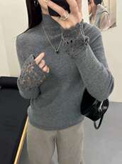 2025年秋季时尚百搭通勤简约休闲打底衫袖口勾花，女装针织衫/毛衣，唐诺