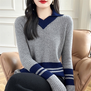 拼色翻领针织衫羊毛衫女秋冬2024年新款修身打底衫图片