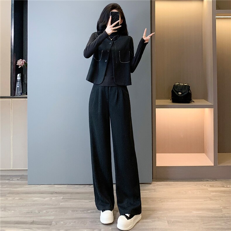 欧货时尚休闲运动套装女秋季马甲外套内搭深灰打底衫阔腿裤三件套,女装套装/套裙,2C310