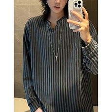 美式高街千鸟格子长袖T恤男女亨利V领英伦雅痞休闲宽松长袖打底衫，男装T恤，电商A443