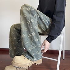 重磅水洗提花牛仔裤男春季潮牌ins美式高街宽松拖地阔腿微喇裤子，男装牛仔裤，电商B221