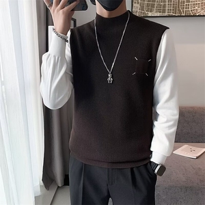 假两件毛衣男圆领修身撞色针织打底衫秋冬季男装潮休闲上衣 S585图片