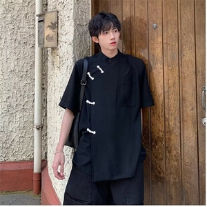 短袖百搭衬衫原宿时尚潮流潮男ins标准夏季青春流行方领新款慵懒图片