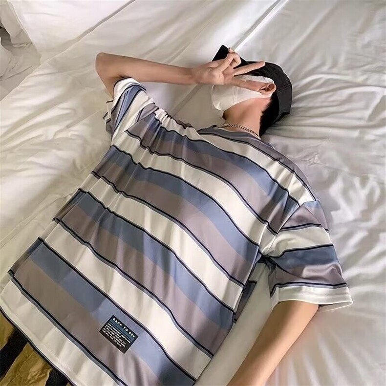 DTC3096-P35夏季日系复古撞色条纹T恤宽松百搭情侣青少年短袖潮,男装T恤,星座603-2