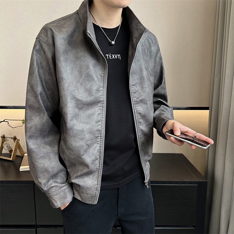 2024店主风秋季新款pu皮立领休闲皮衣夹克外套男潮PY163-P135,男装夹克,电商A413
