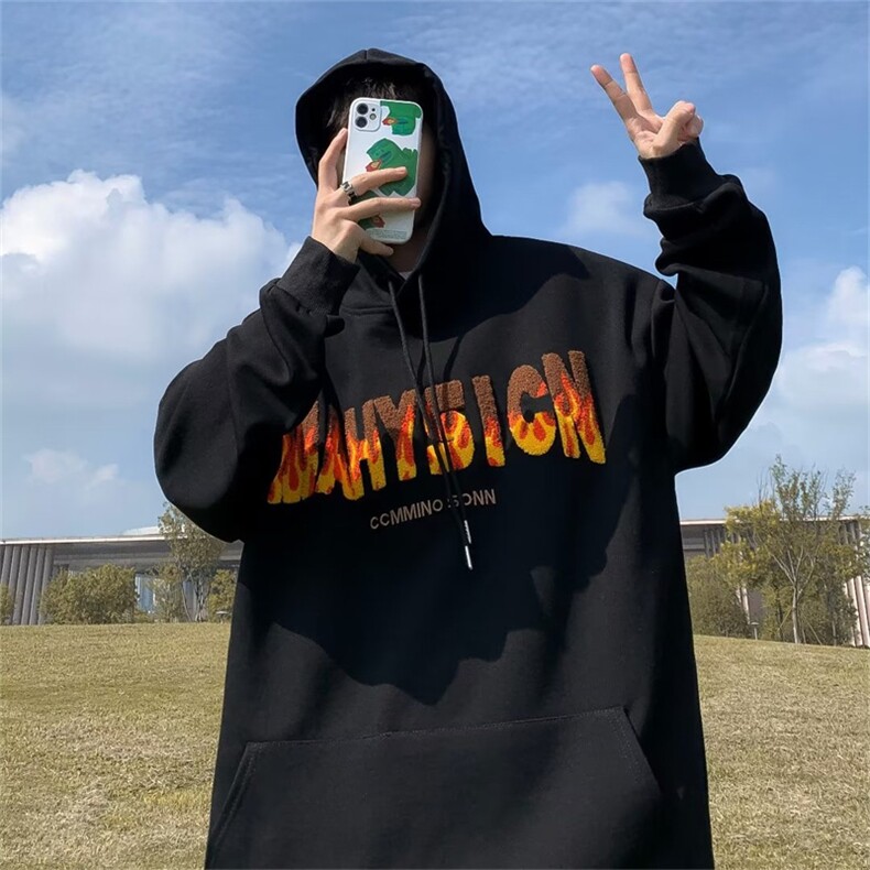 春秋复古潮牌宽松情侣外套美式高街火焰刺绣连帽卫衣男W5875-P35,男装卫衣,星座512-3