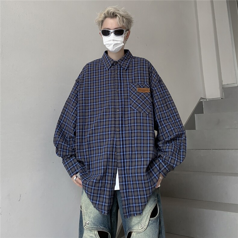 秋款男长袖衬衫格子条纹贴标流苏休闲纯棉外套CS123P50,男装衬衫,星座1013-1