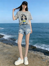 潮流休闲时尚运动套装女夏季新款圆领印花刺绣上衣牛仔短裤两件套，女装套装/套裙，江南