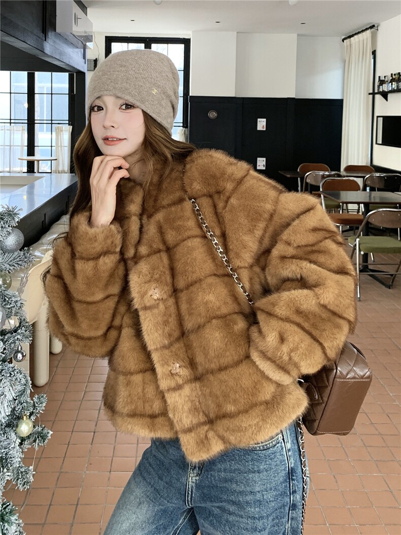 现货210-7705-P185-K268高端仿水貂立领皮毛一体外套女士,女装羊羔毛/颗粒绒,韩蜜菓