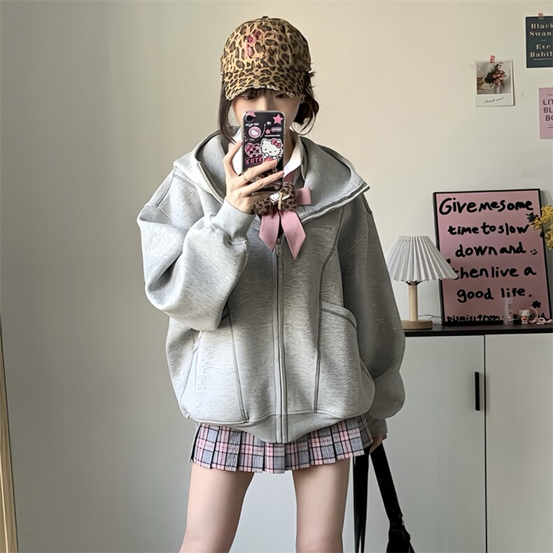 抖音得物高品质秋冬美式高街重磅结构辑明线纹理连帽卫衣外套W111图片