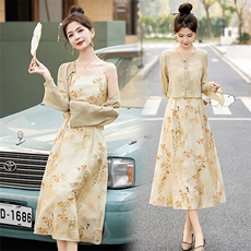 现货2024春装新款时尚潮流简约气质两件套中式盘扣高级感套装套裙，女装套装/套裙，然然