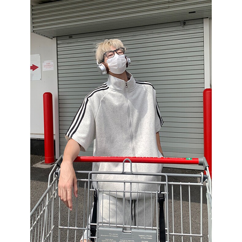 胖胖哥港风潮流三条杠短纯色袖t恤男夏季大码宽松百搭休闲五分裤,男装T恤,电商A007