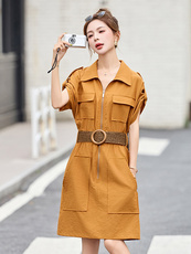 时尚休闲翻领工装风连衣裙女2025夏季新款小个子宽松显瘦短袖裙子，女装连衣裙，美沁