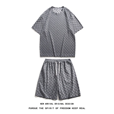 TZ84647/P60夏季新款格子短袖短裤t恤休闲宽松大码两件套套装男，男装休闲套装，电商A141