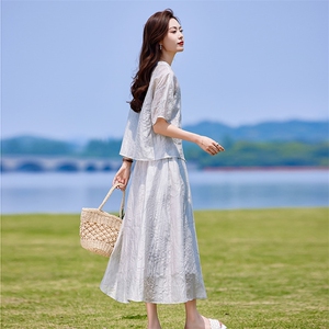 蓝色连衣裙套装女2025新款韩系夏日穿搭一整套短袖吊带裙子三件套,女装套装/套裙,靓衣阁