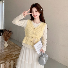 蕾丝镂空钩花马甲+小衫+雪纺半身裙三件套送腰带，女装套装/套裙，采品优优