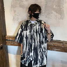 特批P25无差价夏季薄款冰丝大码衬衫复古水墨画五分袖衬衣男CD891，男装衬衫，电商A001-1