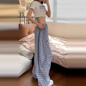 ins无品牌蓝色格子高腰休闲裤女春秋宽松潮流行潮流慵懒气质新款图片
