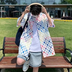 潮破洞花补丁衬衫夏季薄款别致hiphop宽松休闲情侣衬衣图片