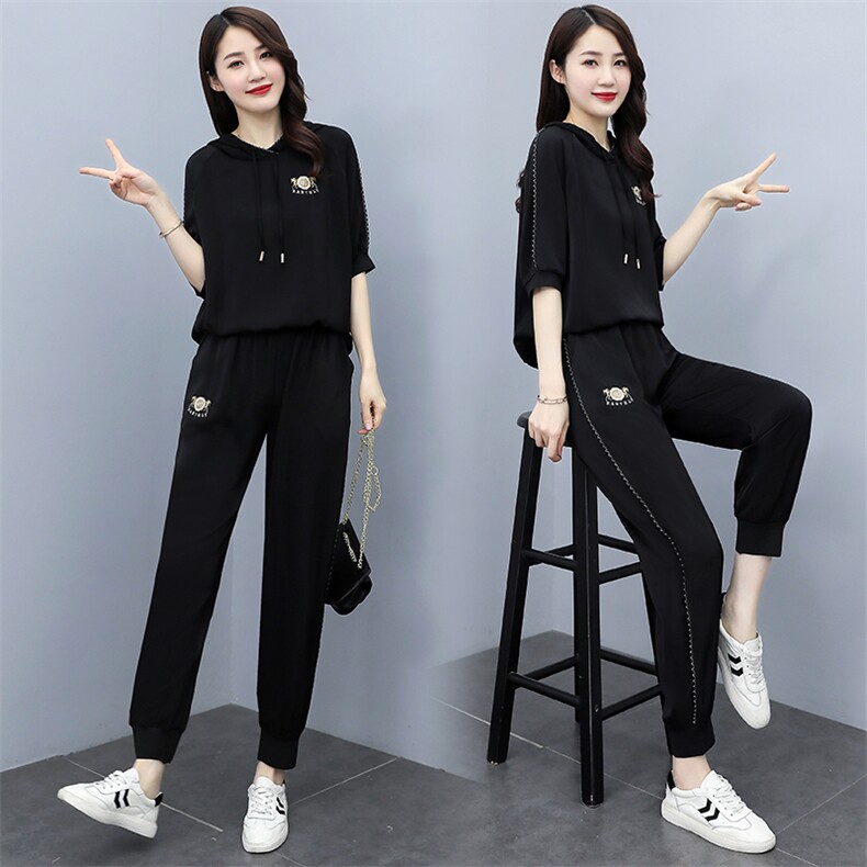 冰丝休闲运动套装女夏季2025新款时尚醋酸连帽气质高端洋气两件套图片